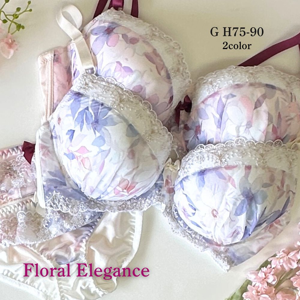 GHカップ 花柄プリント＆チュールレース ブラ＆ショーツ
